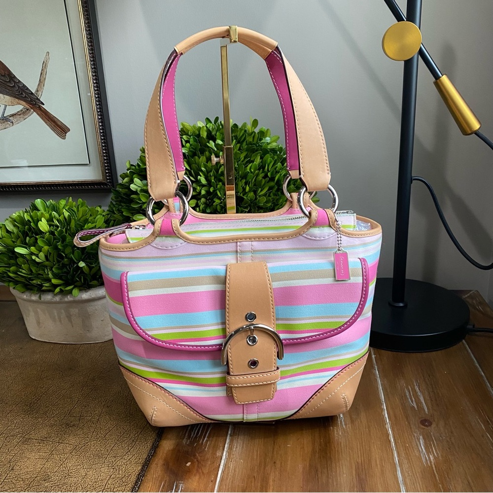 Coach Pink and Tan Striped Shoulder Bag
